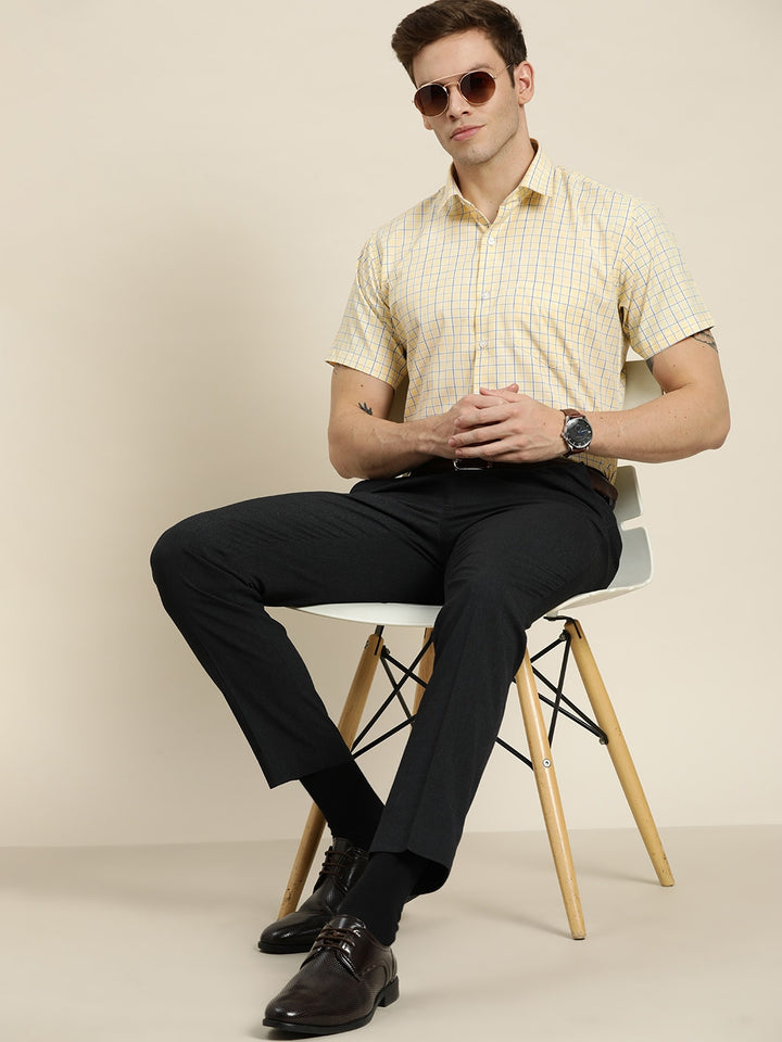 Men Yellow Checks Cotton Rich Slim Fit Formal Shirt