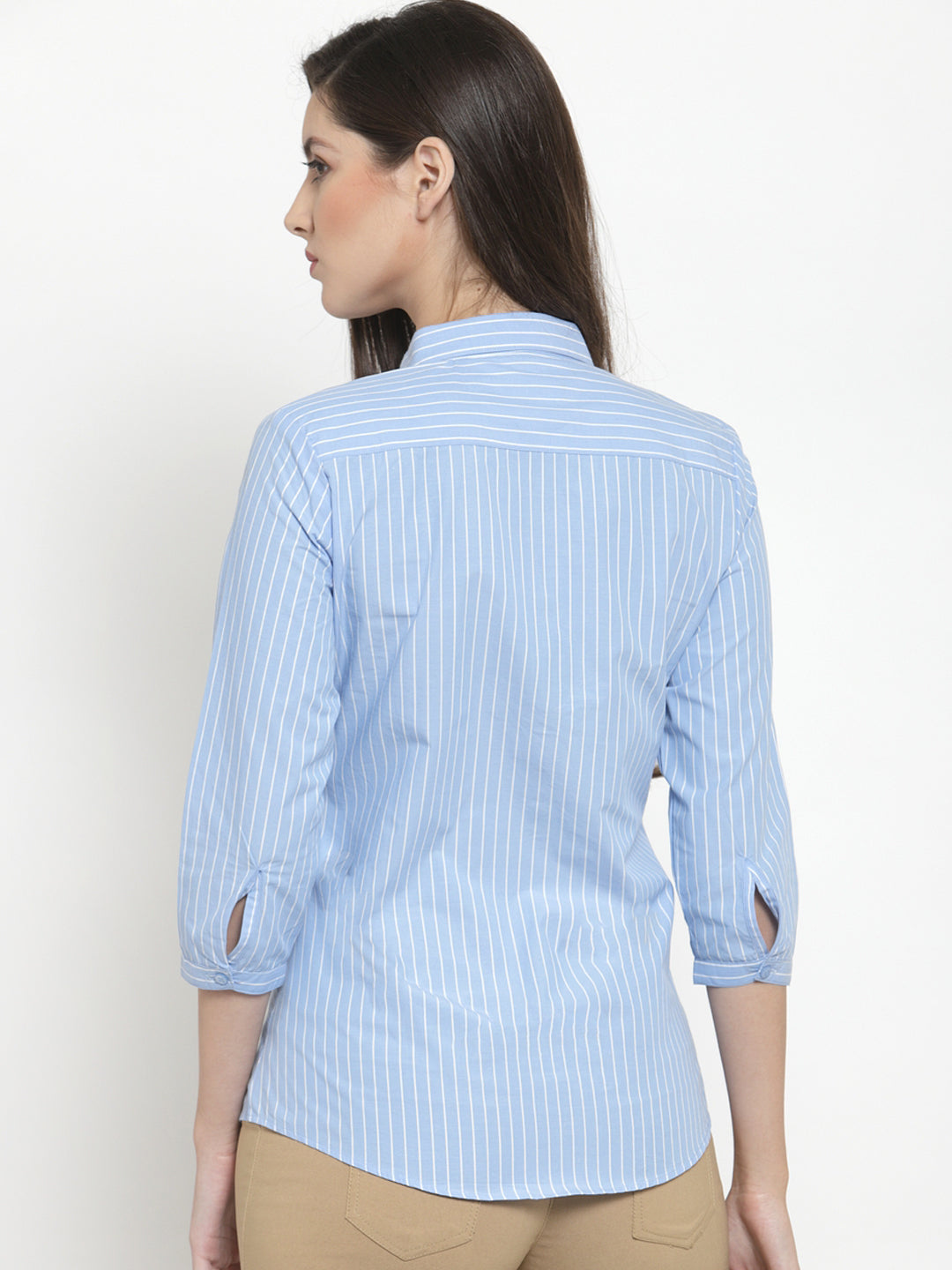 Women Blue Pure Cotton Striped Slim Fit Formal Shirt