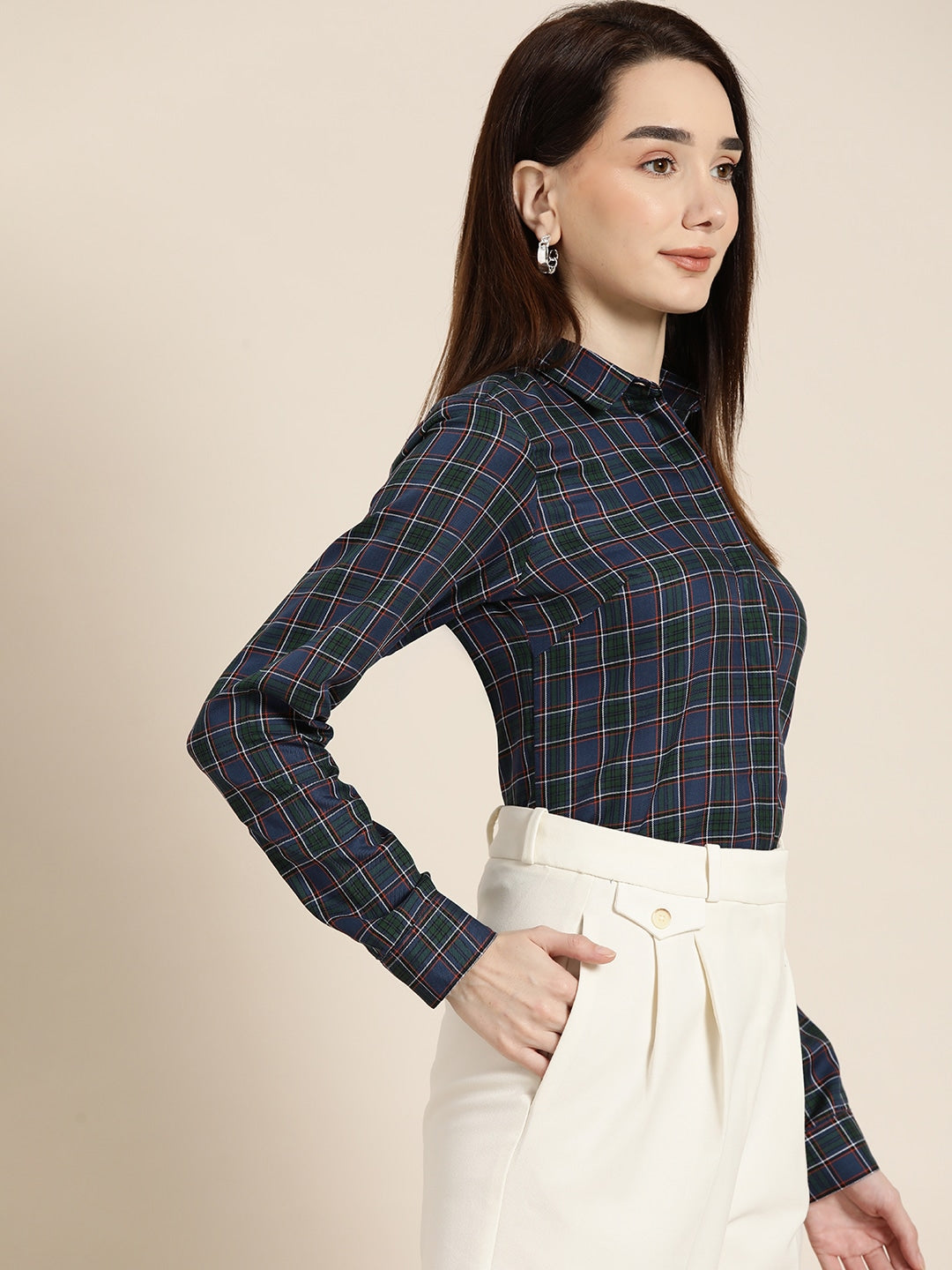 Women Green & Navy Checked Pure Cotton Slim Fit Formal Shirt