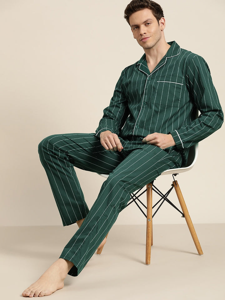 Men Bottle Green Stripes Pure Cotton Regular Fit Night Wear Night Suit
