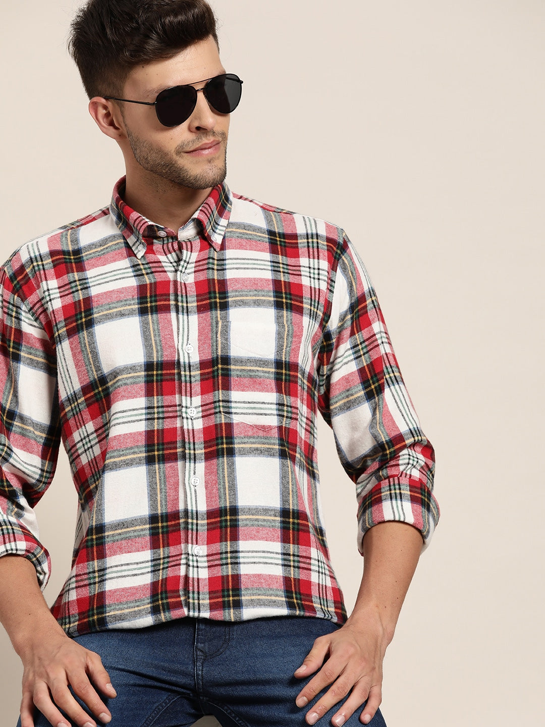 Men Red & White Checked Pure Cotton Slim Fit Casual Shirt