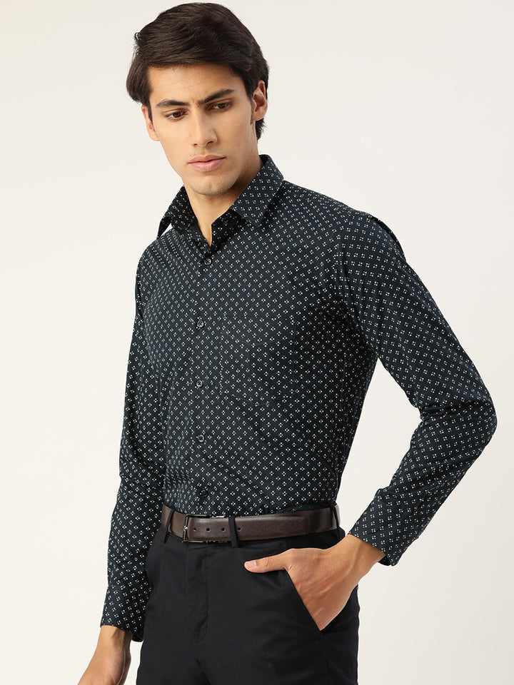 Men Navy Blue Prints Pure Cotton Slim Fit Formal Shirt