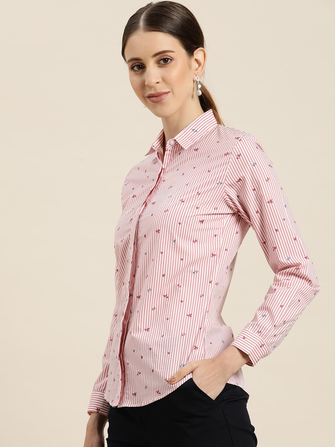 Women White & Pink Stripes Pure Cotton Slim Fit Formal Shirt