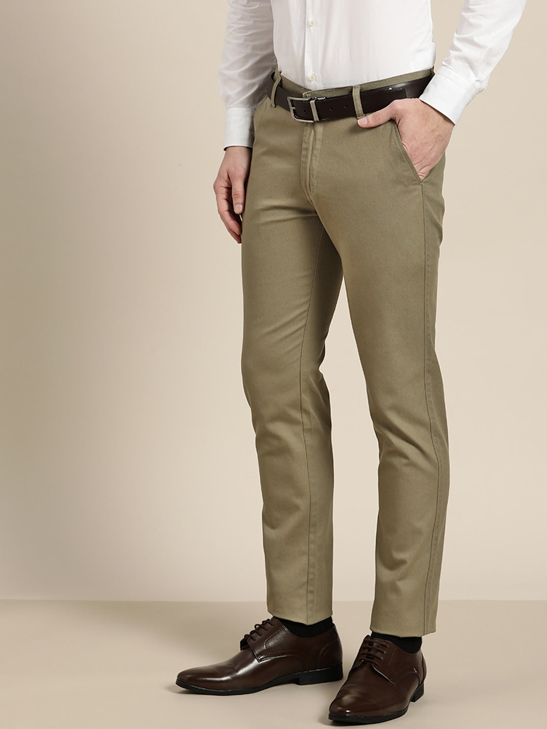 Men Olive Checks Cotton Elastene Slim Fit Formal Trouser