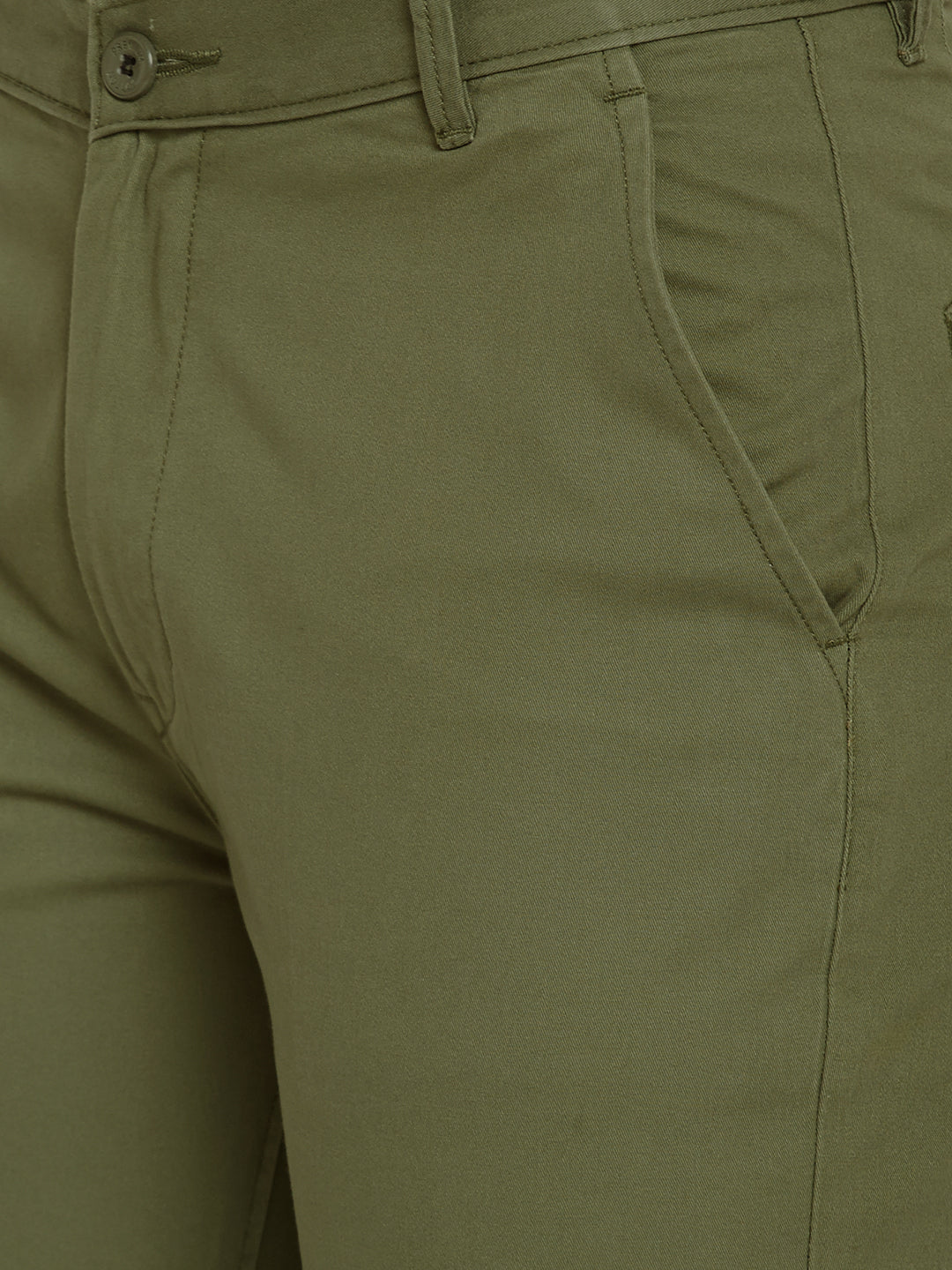 Men Green Pure Cotton Solid Slim Fit Casual Trouser