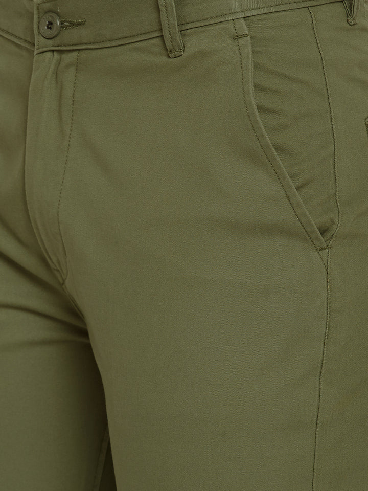 Men Green Pure Cotton Solid Slim Fit Casual Trouser