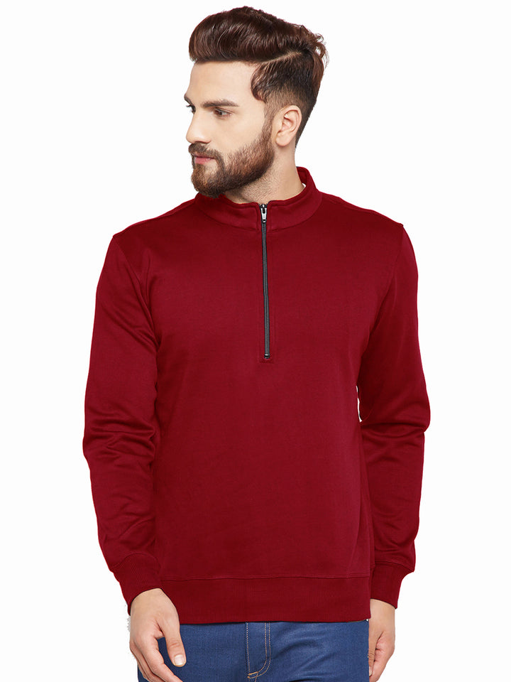 Men Maroon Solid Mandarin Collar Sweatshirt