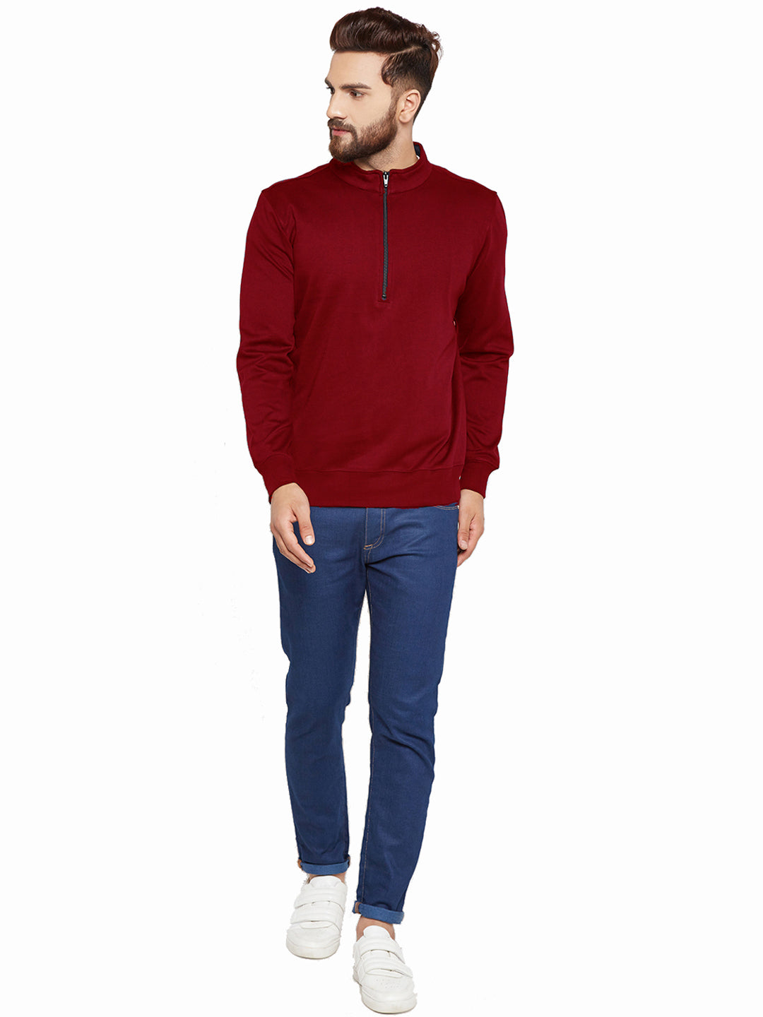 Men Maroon Solid Mandarin Collar Sweatshirt