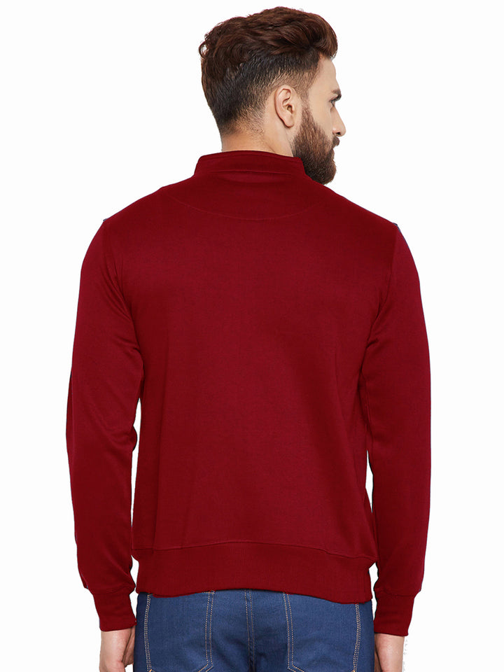 Men Maroon Solid Mandarin Collar Sweatshirt