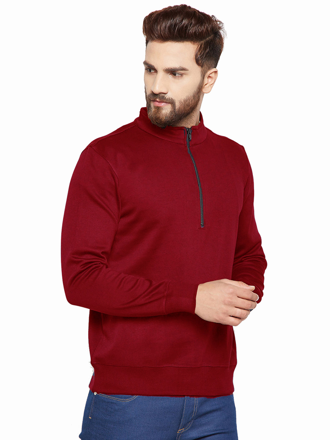 Men Maroon Solid Mandarin Collar Sweatshirt