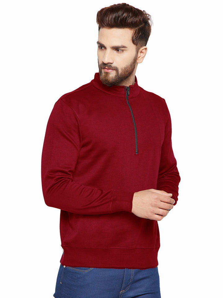 Men Maroon Solid Mandarin Collar Sweatshirt