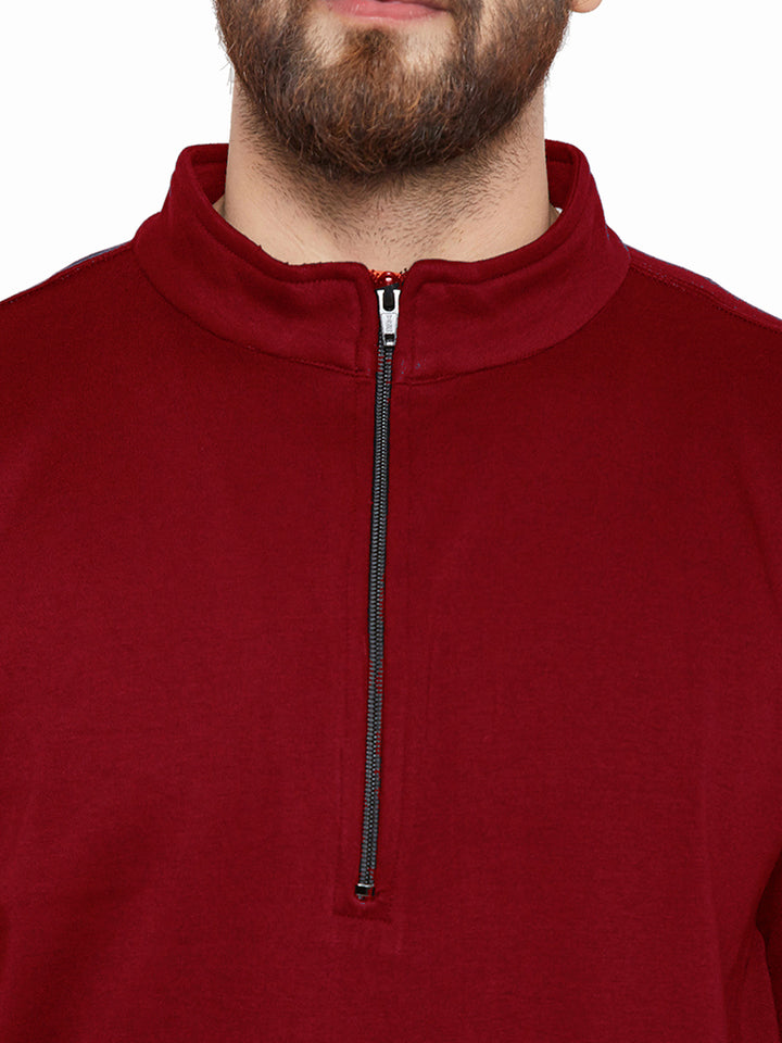 Men Maroon Solid Mandarin Collar Sweatshirt