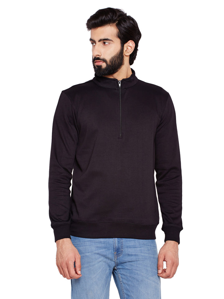 Men Black Solid Mandarin Collar Sweatshirt