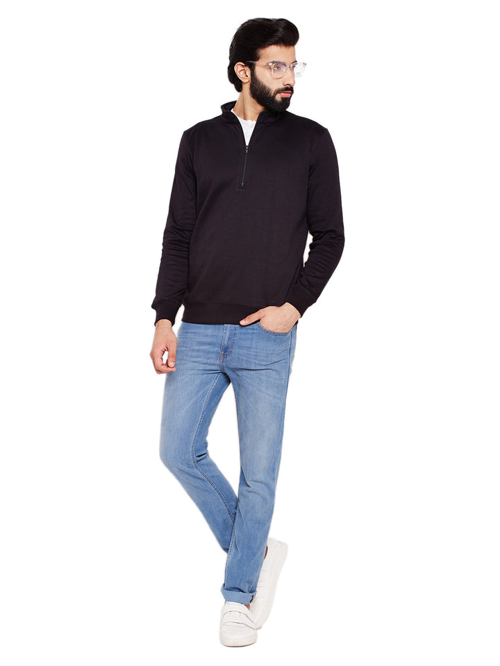 Men Black Solid Mandarin Collar Sweatshirt