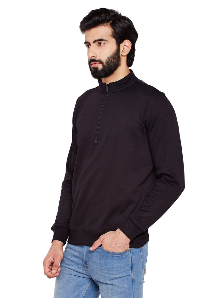 Men Black Solid Mandarin Collar Sweatshirt