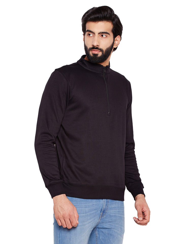 Men Black Solid Mandarin Collar Sweatshirt