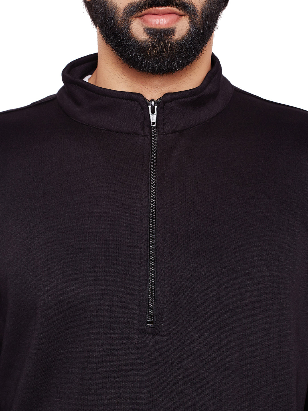 Men Black Solid Mandarin Collar Sweatshirt