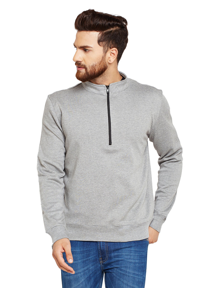 Men Grey Solid Mandarin Collar Sweatshirt