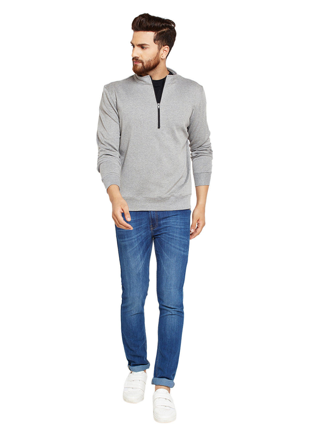 Men Grey Solid Mandarin Collar Sweatshirt