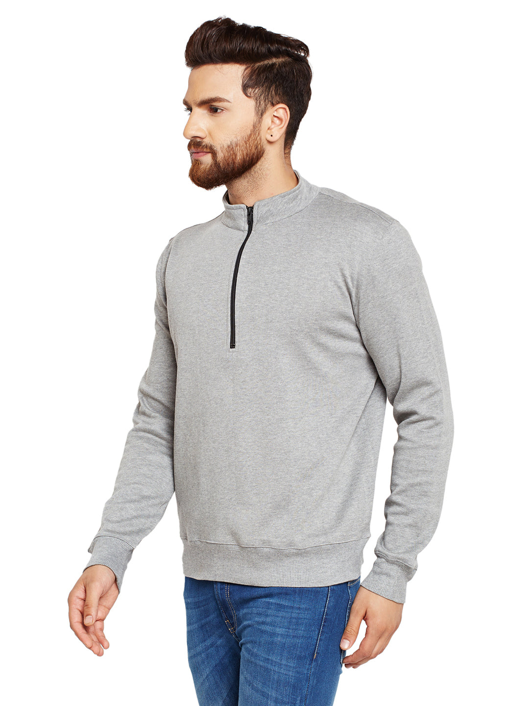 Men Grey Solid Mandarin Collar Sweatshirt