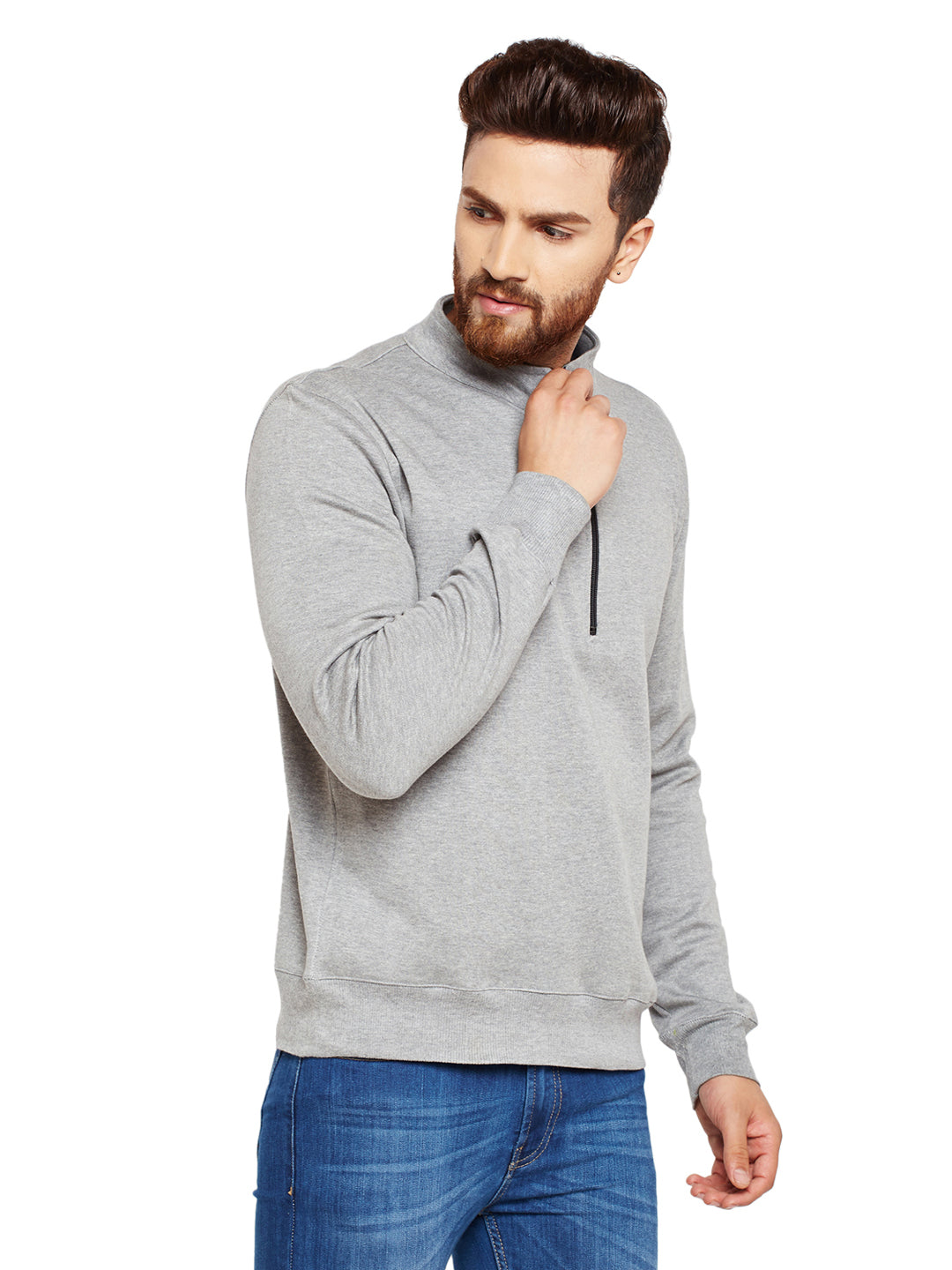 Men Grey Solid Mandarin Collar Sweatshirt