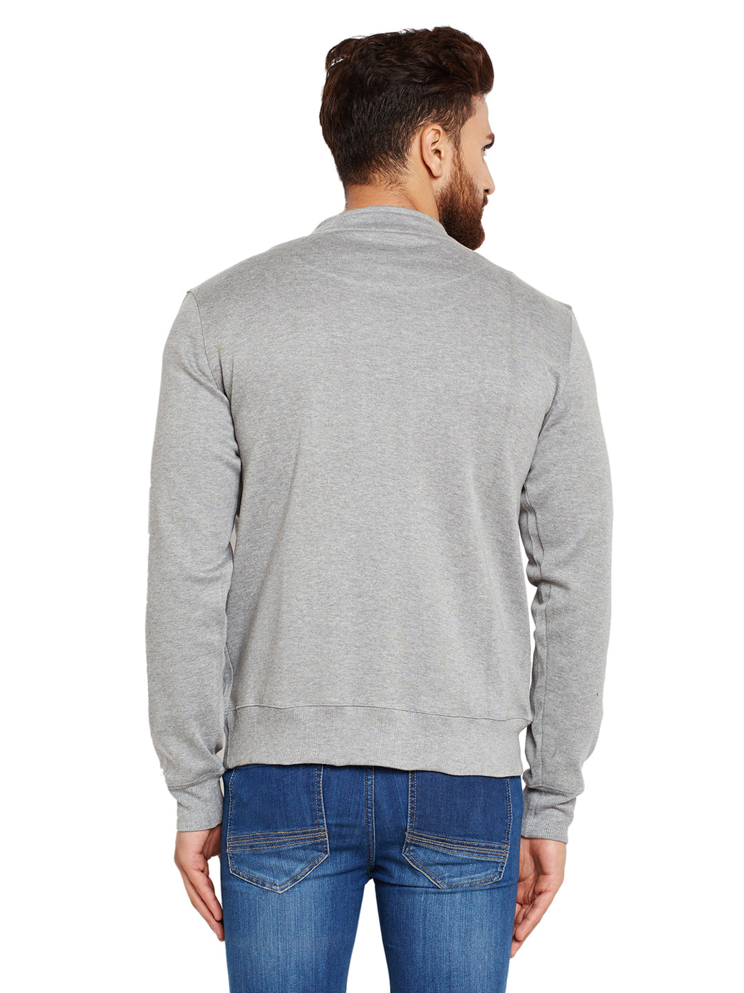 Men Grey Solid Mandarin Collar Sweatshirt