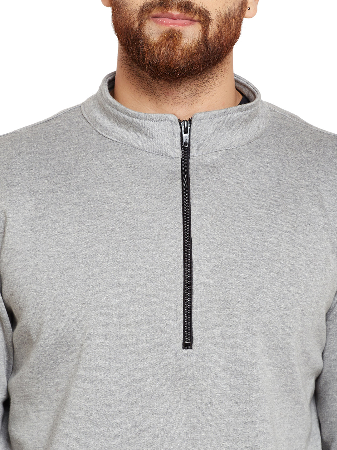 Men Grey Solid Mandarin Collar Sweatshirt