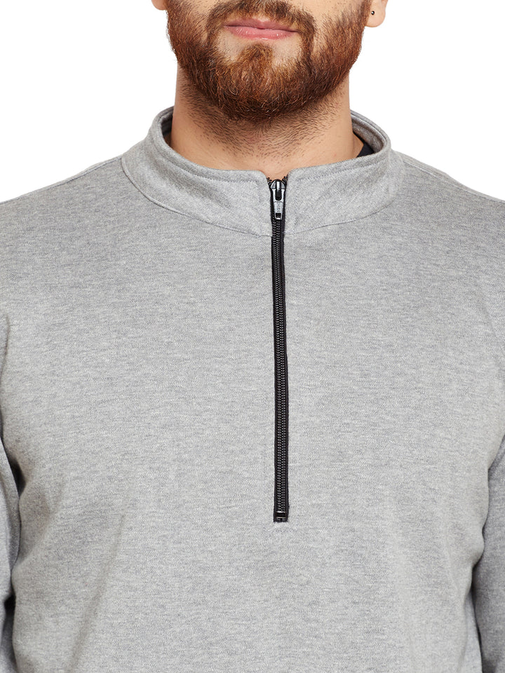 Men Grey Solid Mandarin Collar Sweatshirt