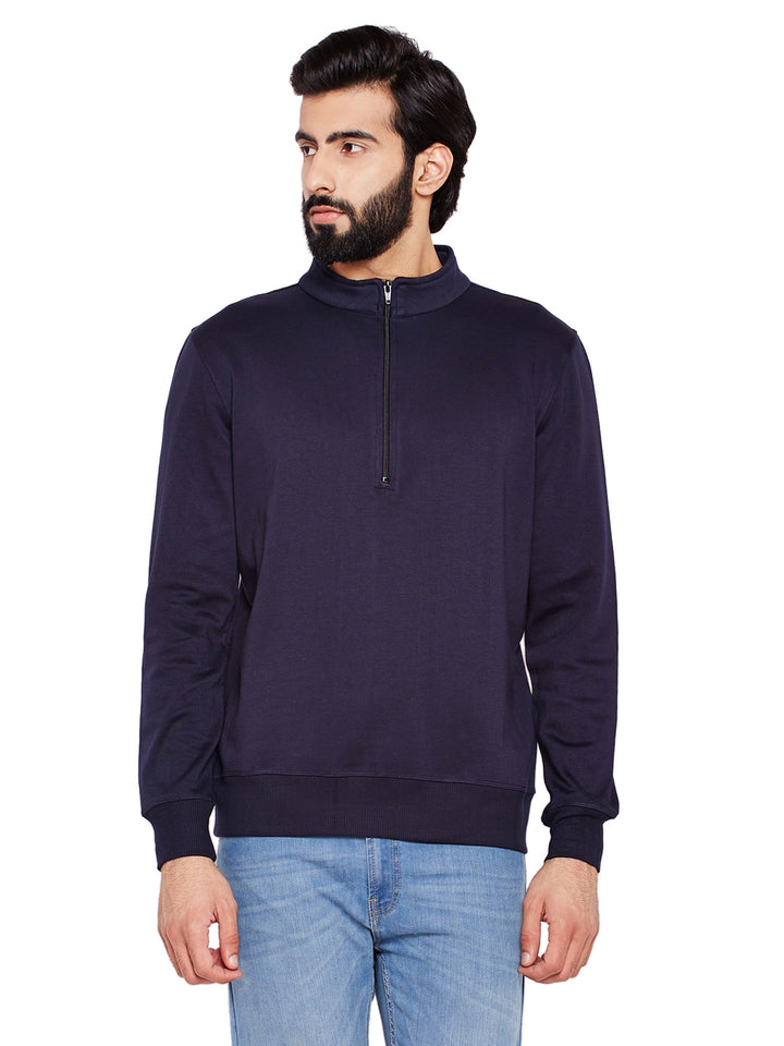 Men Navy Blue Solid Mandarin Collar Sweatshirt