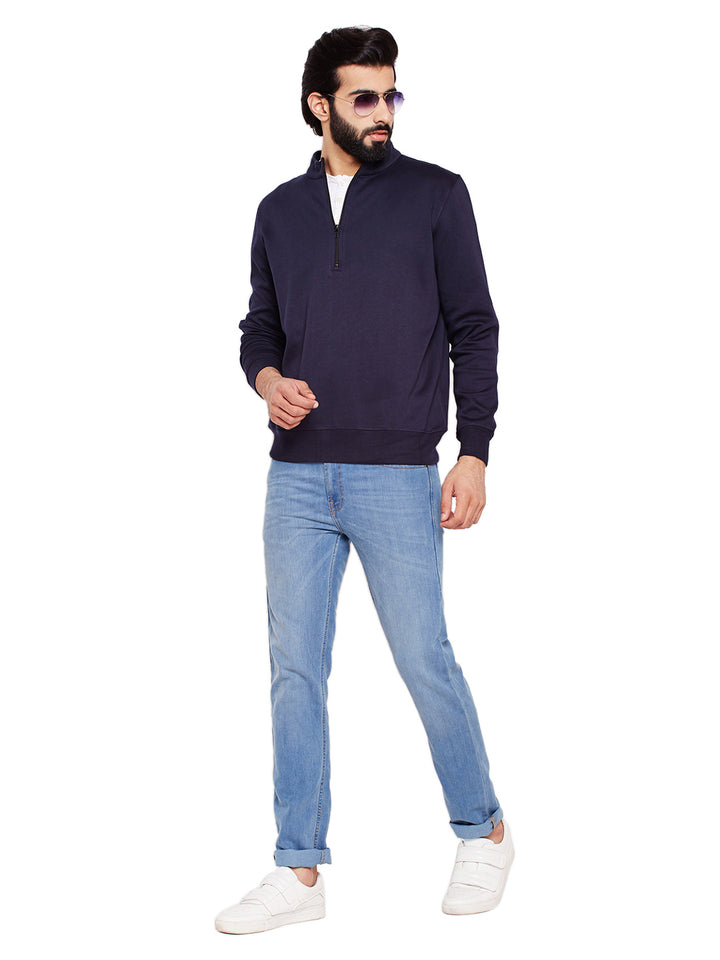 Men Navy Blue Solid Mandarin Collar Sweatshirt