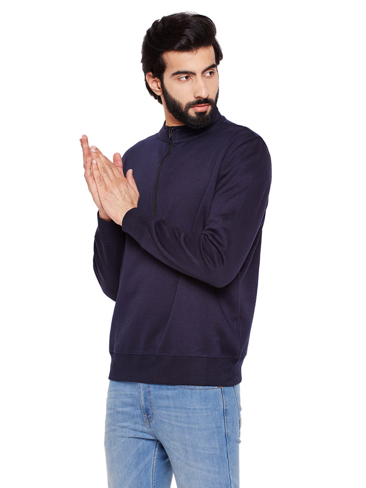Men Navy Blue Solid Mandarin Collar Sweatshirt