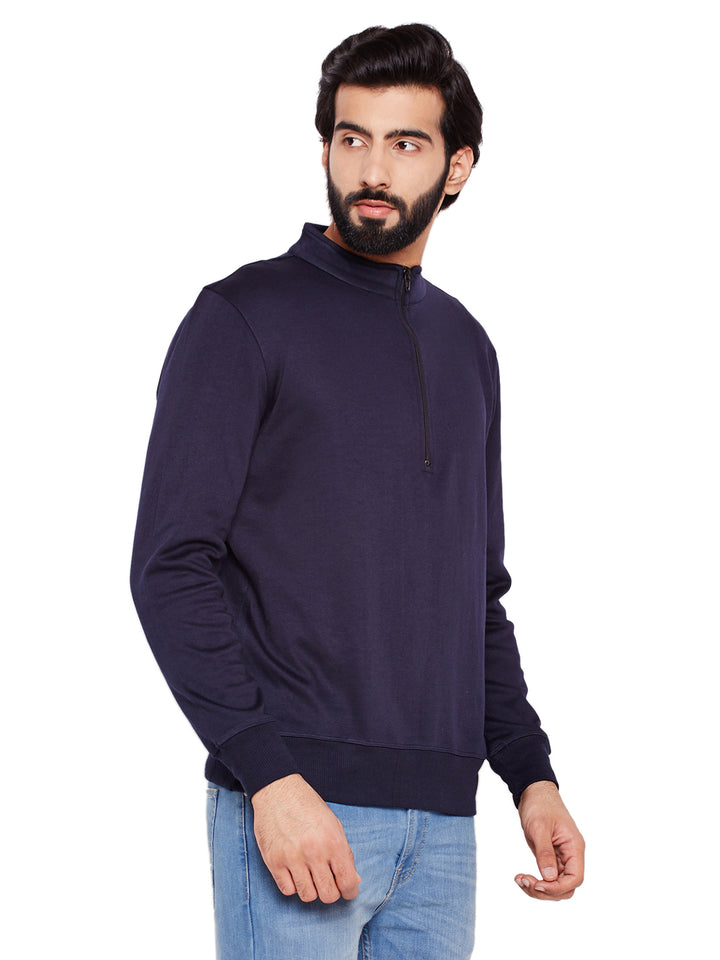 Men Navy Blue Solid Mandarin Collar Sweatshirt
