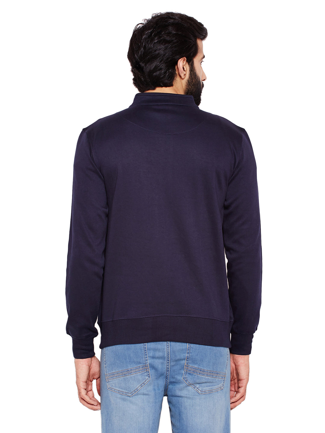 Men Navy Blue Solid Mandarin Collar Sweatshirt