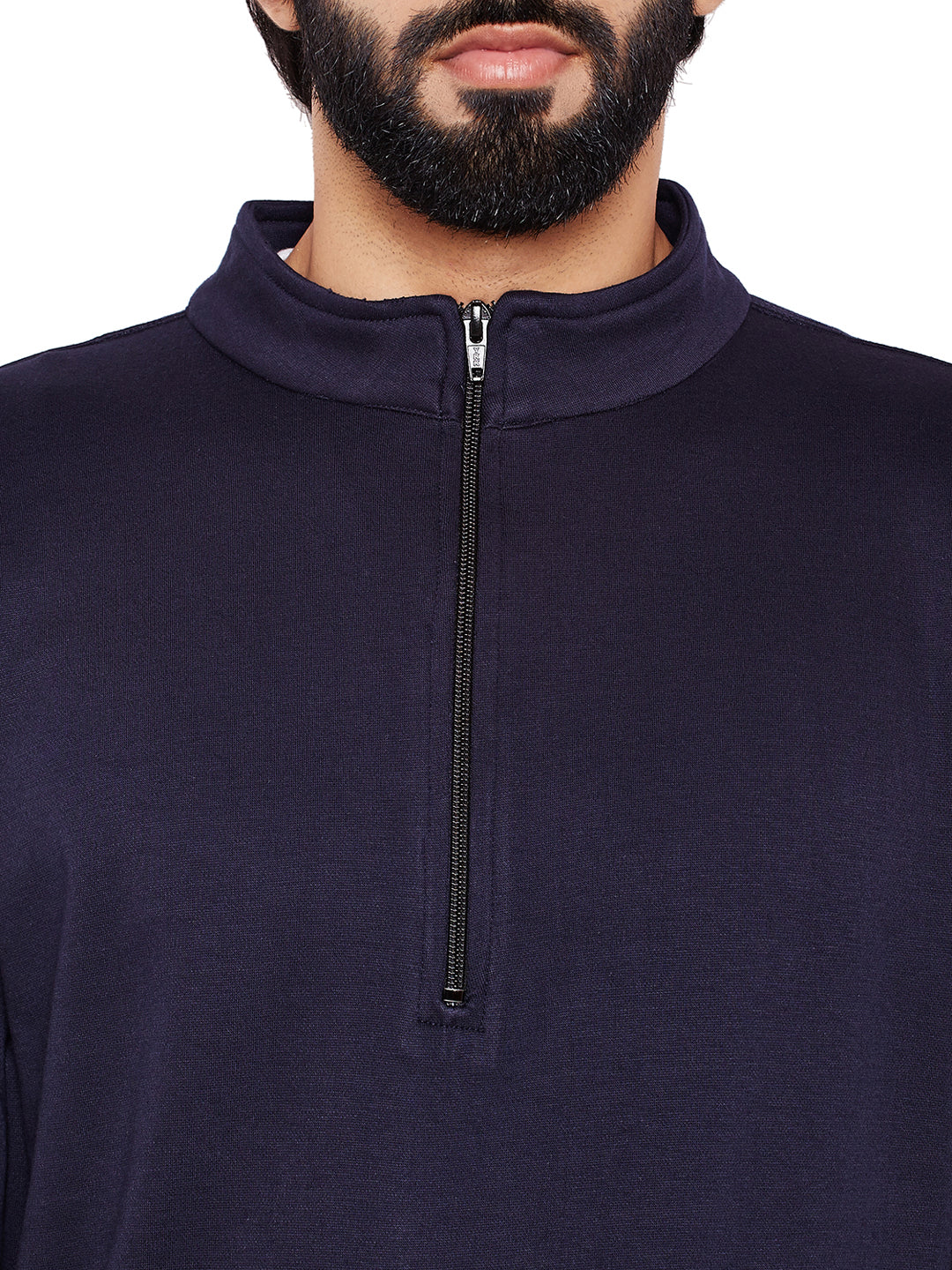 Men Navy Blue Solid Mandarin Collar Sweatshirt