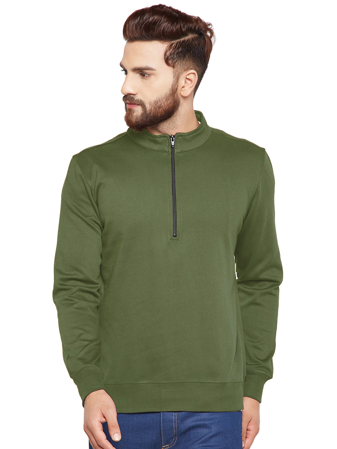 Men olive Solid Mandarin Collar Sweatshirt