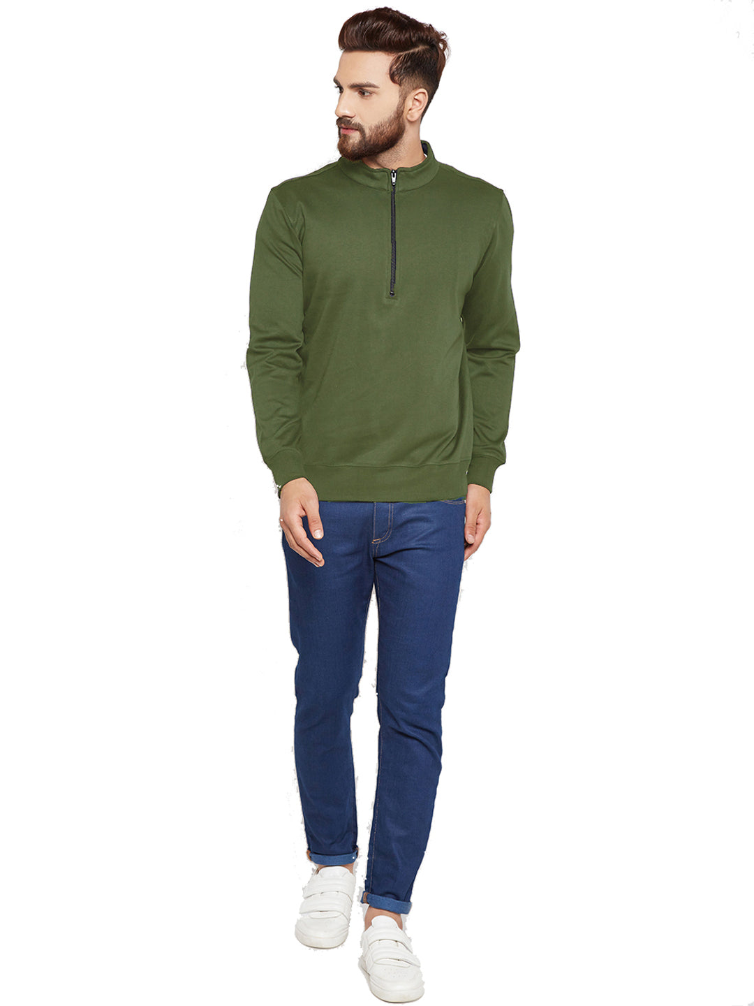 Men olive Solid Mandarin Collar Sweatshirt