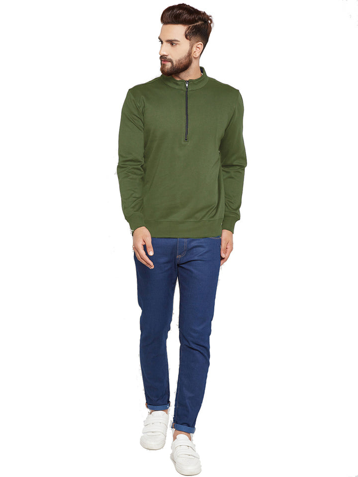 Men olive Solid Mandarin Collar Sweatshirt