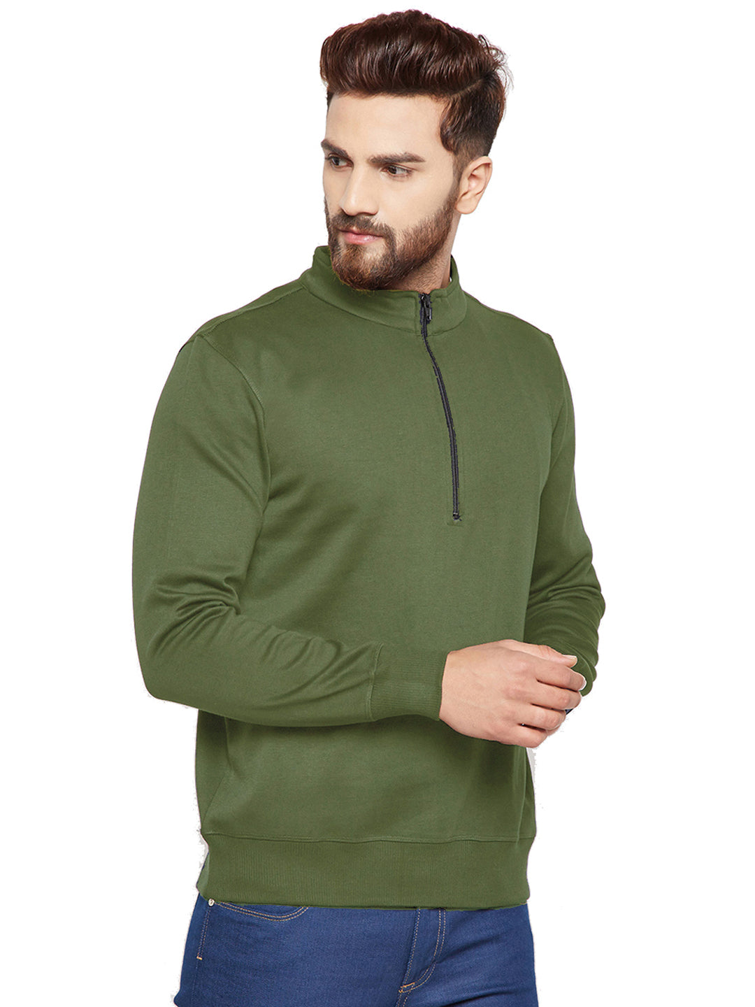 Men olive Solid Mandarin Collar Sweatshirt