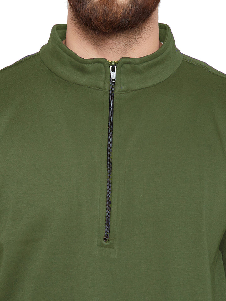 Men olive Solid Mandarin Collar Sweatshirt