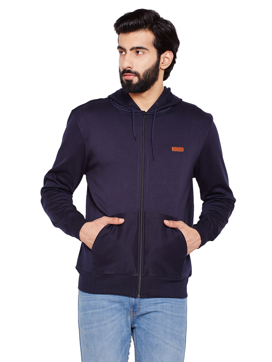 Men Navy Blue Solid Hooded Sweatshirt