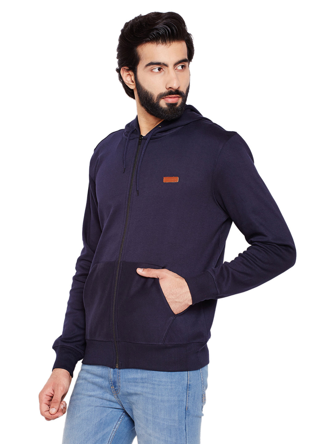 Men Navy Blue Solid Hooded Sweatshirt