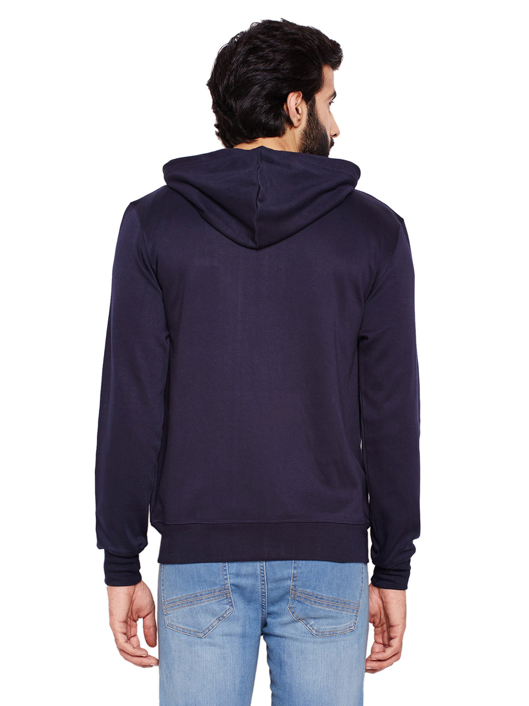 Men Navy Blue Solid Hooded Sweatshirt