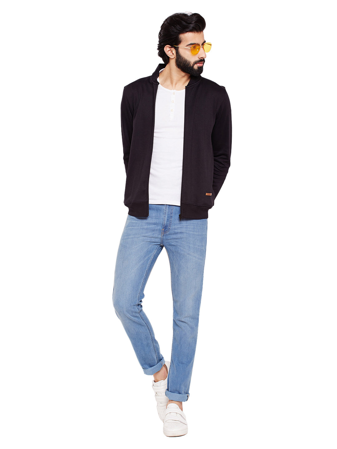 Men Black Solid Mandarin Collar Sweatshirt
