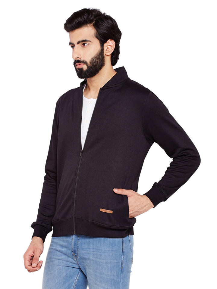 Men Black Solid Mandarin Collar Sweatshirt