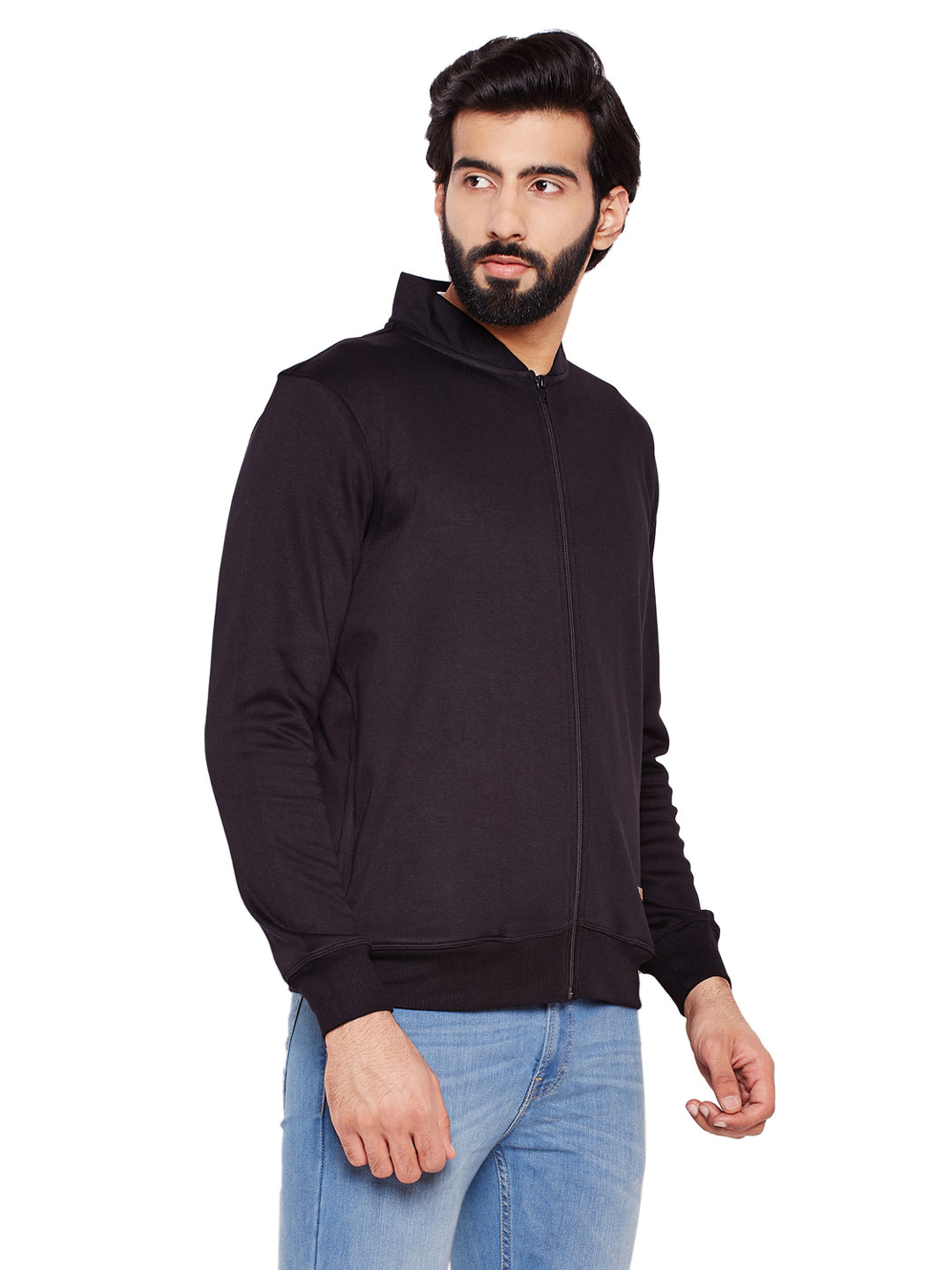 Men Black Solid Mandarin Collar Sweatshirt