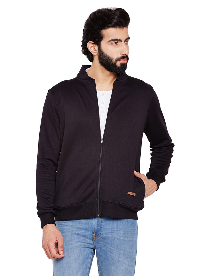 Men Black Solid Mandarin Collar Sweatshirt