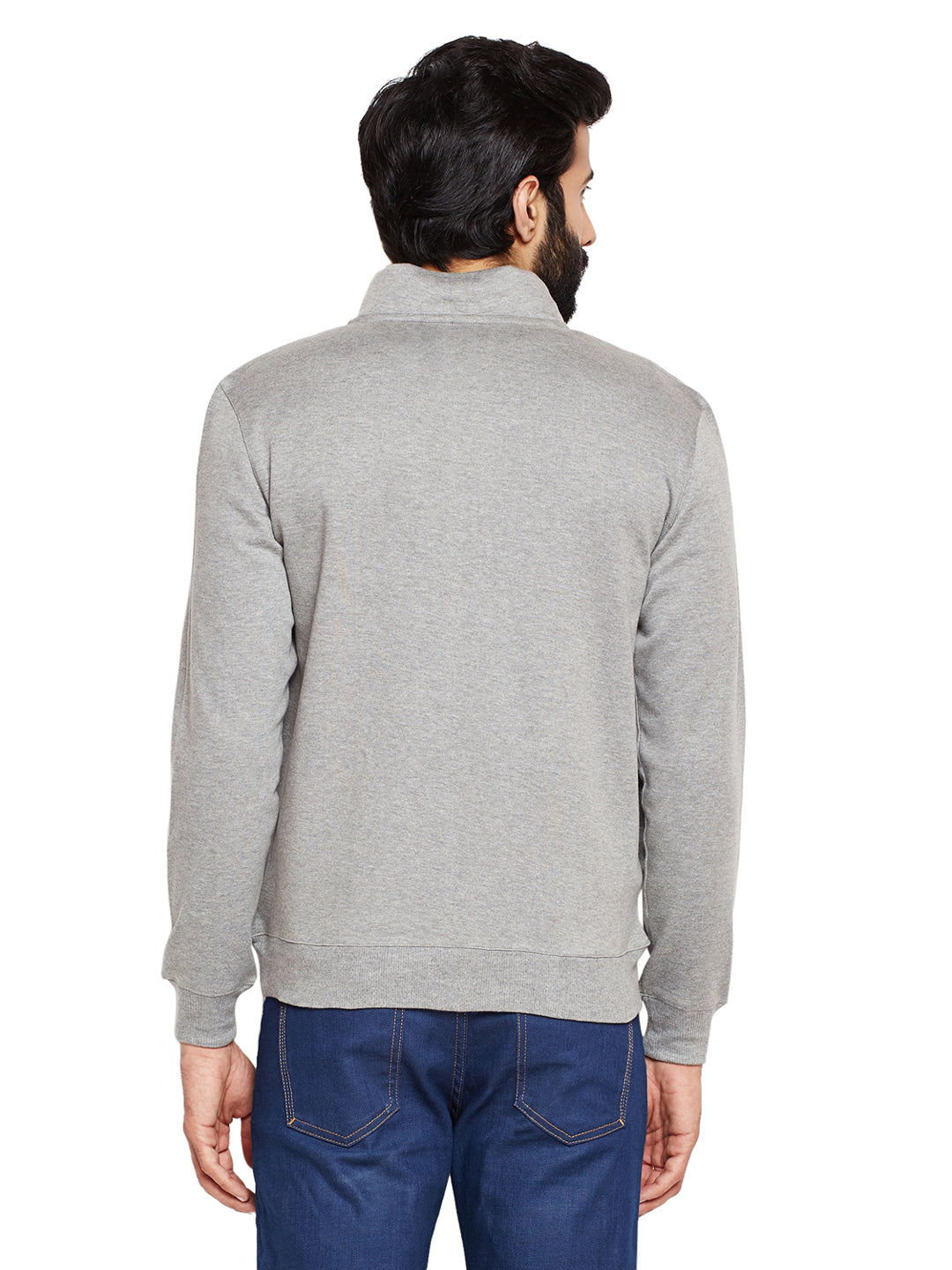 Men Grey Solid Mandarin Collar Sweatshirt