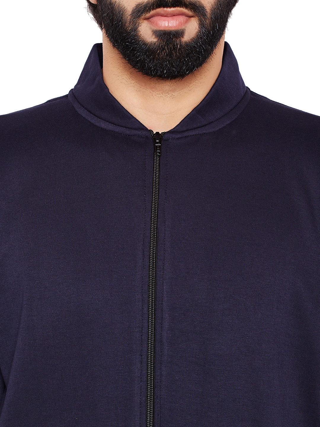 Men Navy Blue Solid Mandarin Collar Sweatshirt