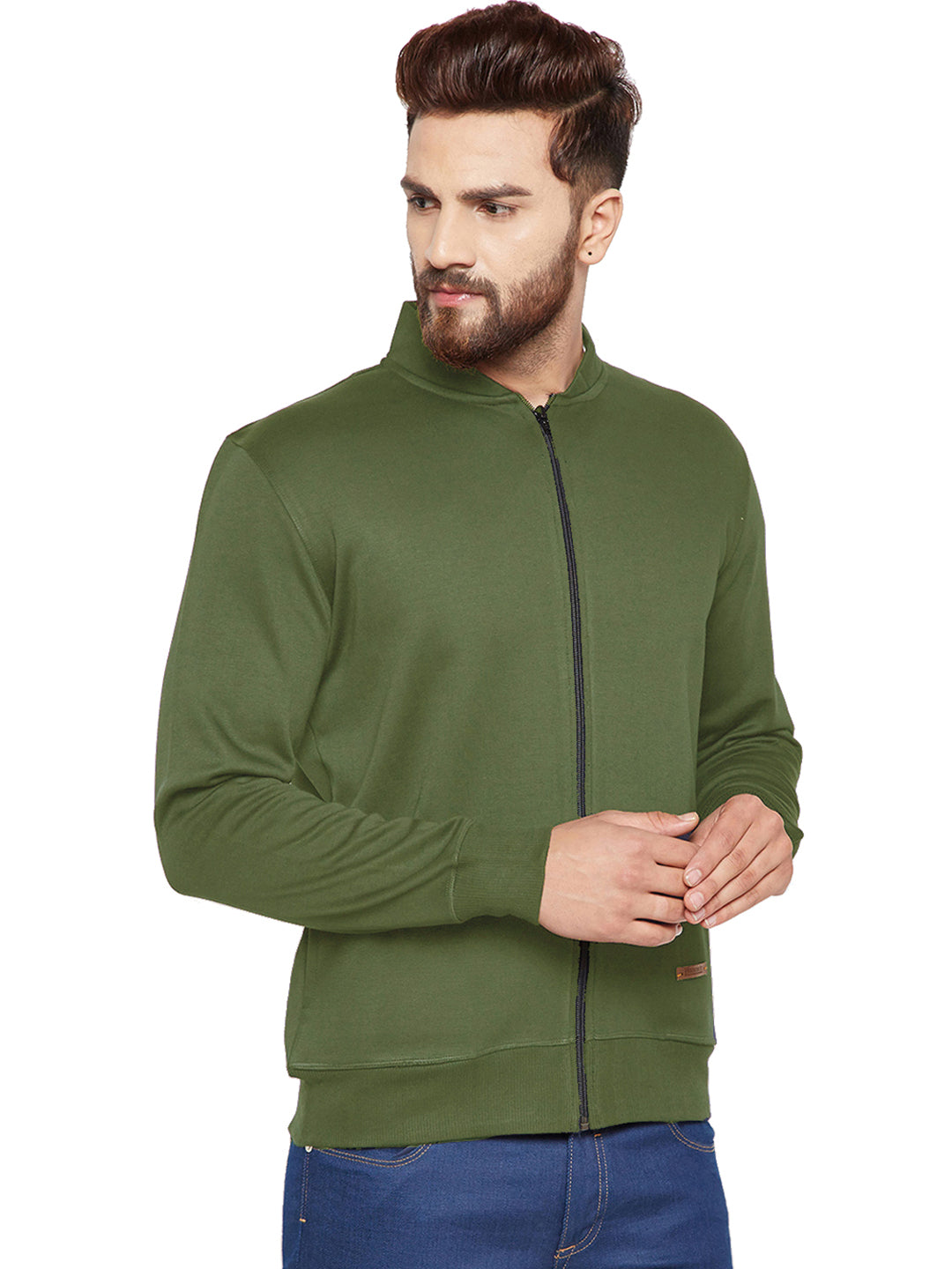 Men olive Solid Mandarin Collar Sweatshirt