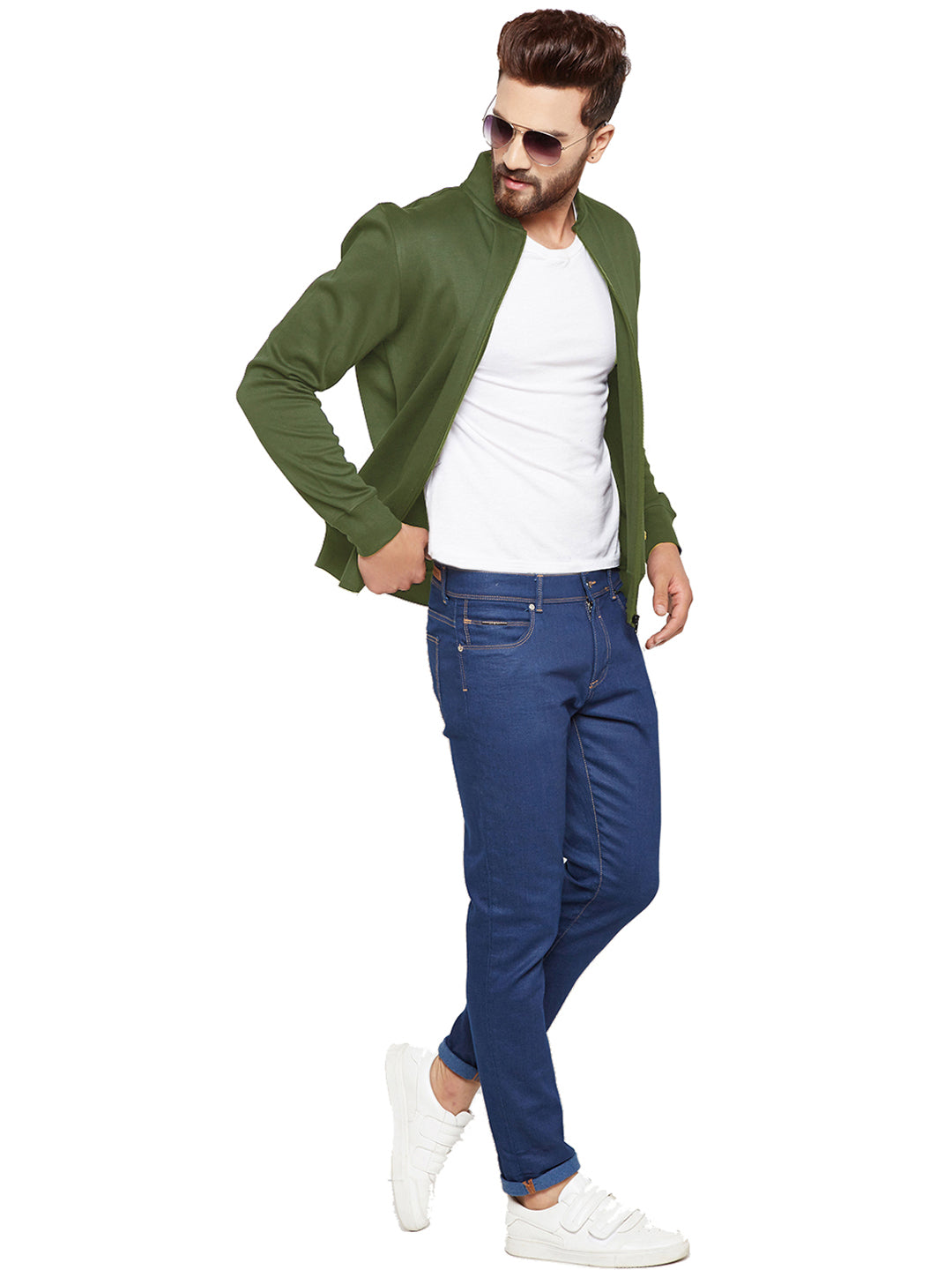 Men olive Solid Mandarin Collar Sweatshirt